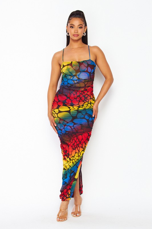 Women's Semi Sheer Sleeveless All-Over Ruched Maxi Dress