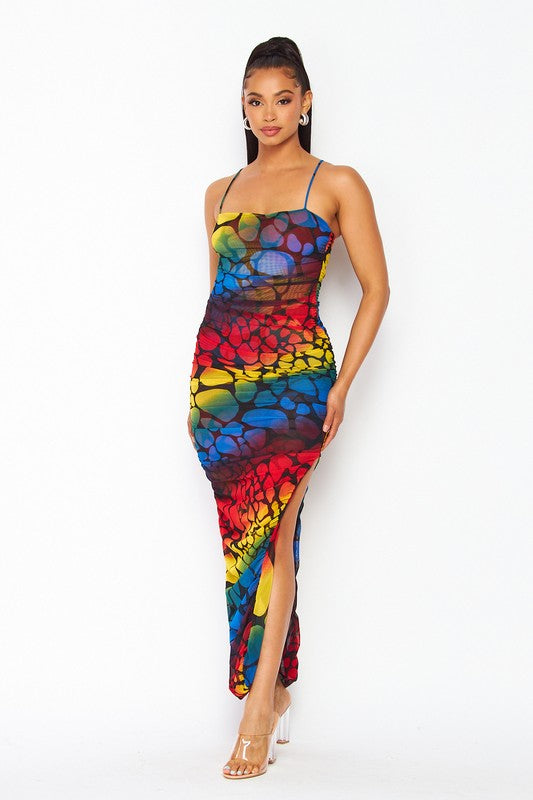 Women's Semi Sheer Sleeveless All-Over Ruched Maxi Dress