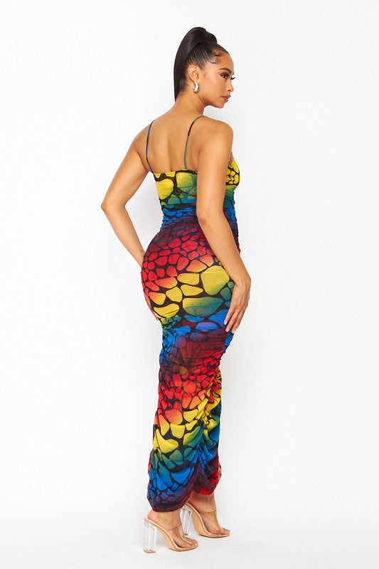 Women's Semi Sheer Sleeveless All-Over Ruched Maxi Dress