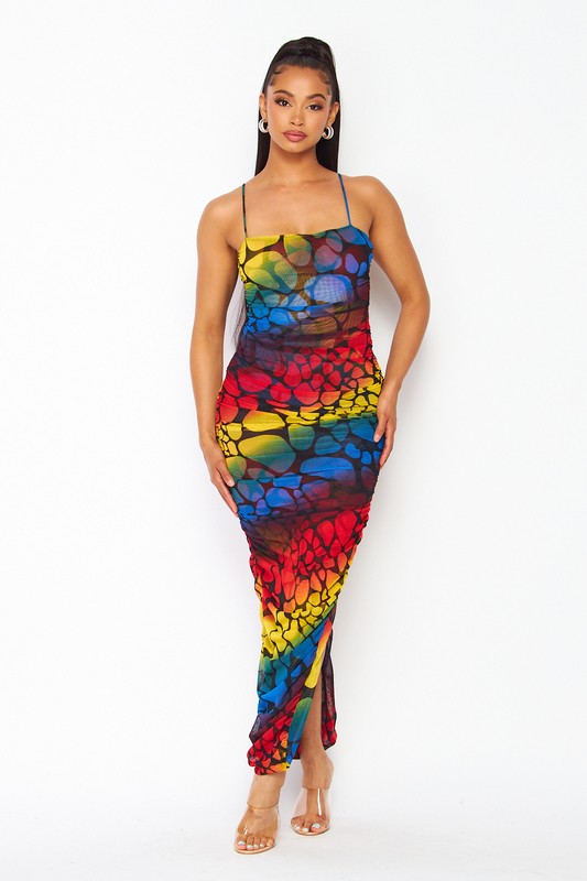 Women's Semi Sheer Sleeveless All-Over Ruched Maxi Dress