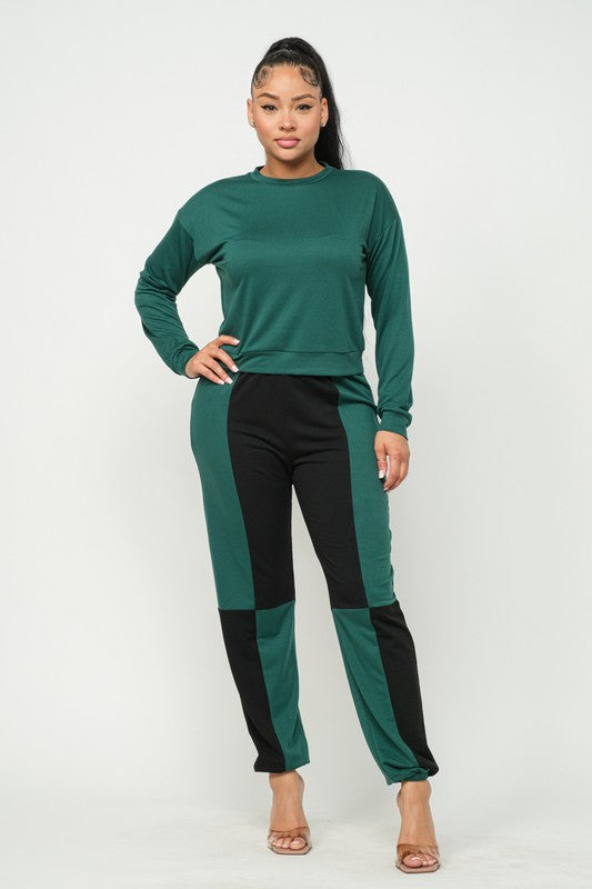 French Terry Top and Color Block Elastic Waistband Pants Set