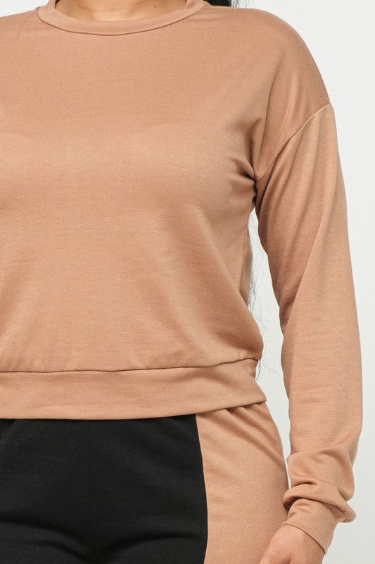 French Terry Top and Color Block Elastic Waistband Pants Set