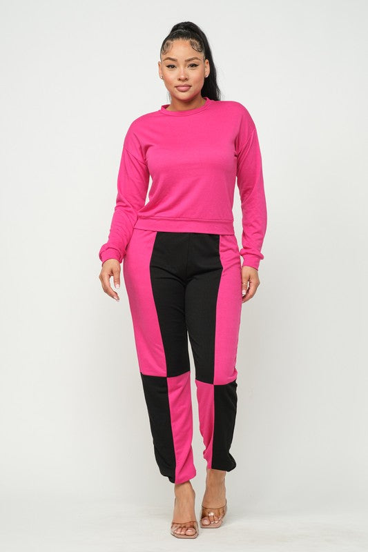 French Terry Top and Color Block Elastic Waistband Pants Set