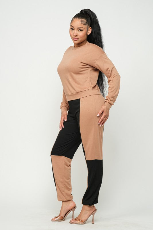 French Terry Top and Color Block Elastic Waistband Pants Set