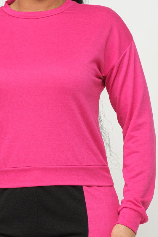 French Terry Top and Color Block Elastic Waistband Pants Set