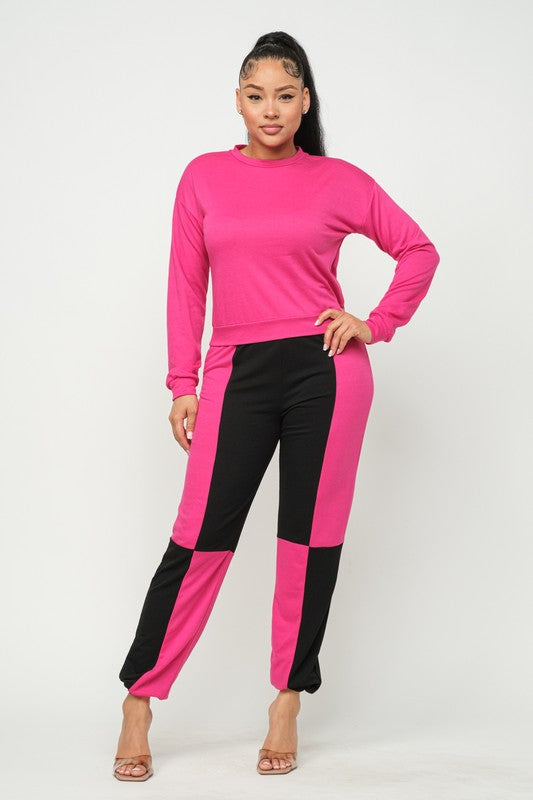 French Terry Top and Color Block Elastic Waistband Pants Set