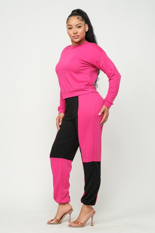 French Terry Top and Color Block Elastic Waistband Pants Set