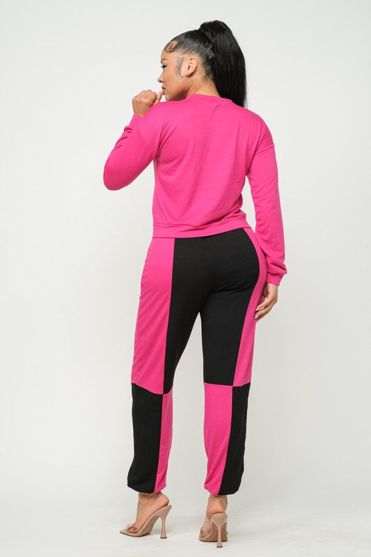 French Terry Top and Color Block Elastic Waistband Pants Set