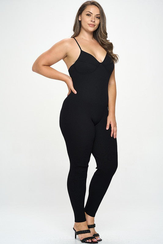 Junior Plus Black Rib Knit Cami Jumpsuit