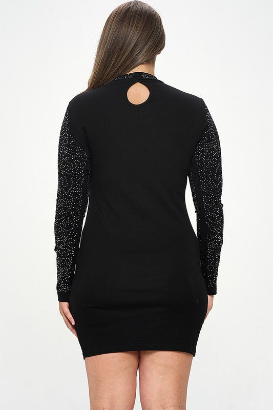 Junior Plus Size Rhinestone Long Sleeve Bodycon Dress