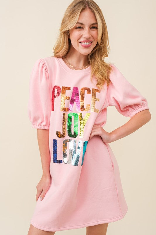 Peach Joy Love Sequin Wording Fleece Dress