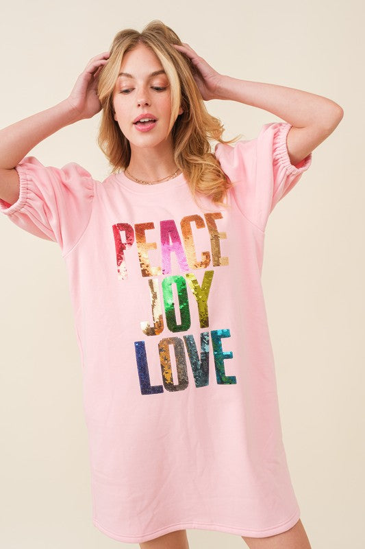 Peach Joy Love Sequin Wording Fleece Dress