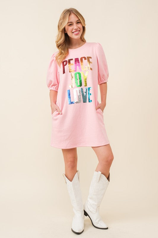 Peach Joy Love Sequin Wording Fleece Dress