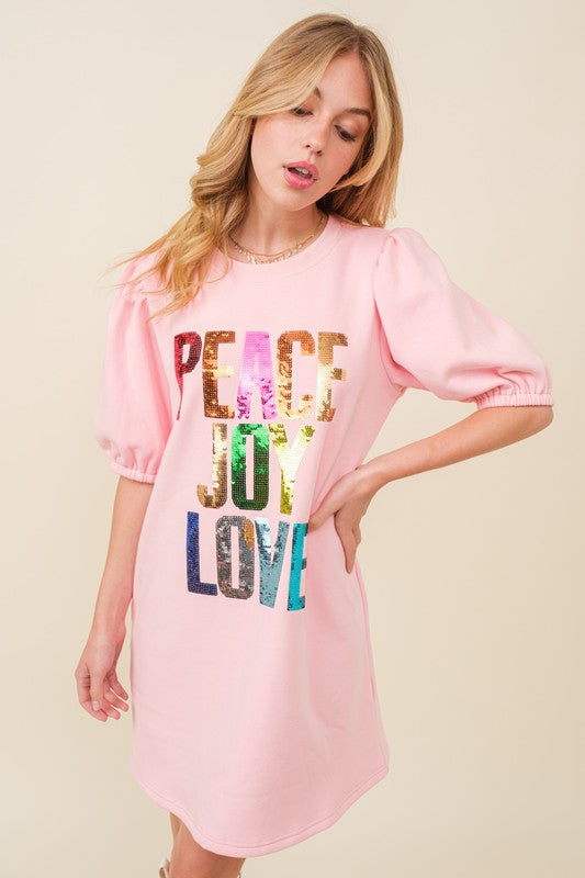 Peach Joy Love Sequin Wording Fleece Dress