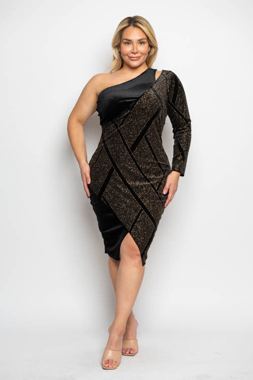 Plus Size Gold Glitter Contrast One Shoulder Tulip Midi Dress