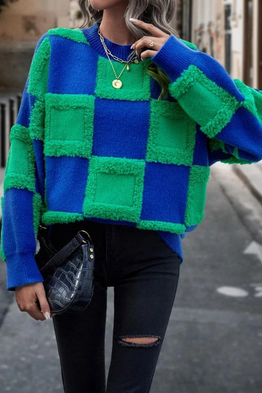 Chunky Big Plaid Terrycloth 3D Knitted Sweater