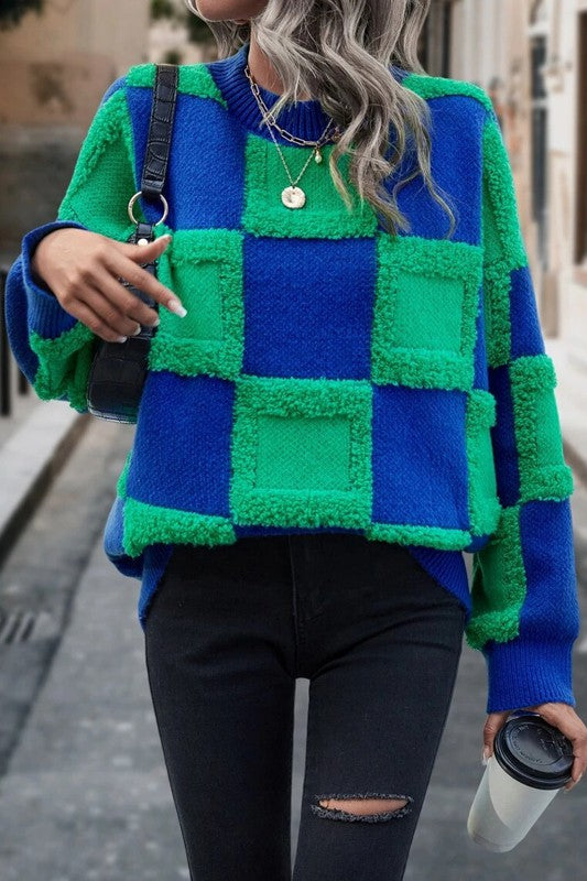 Chunky Big Plaid Terrycloth 3D Knitted Sweater