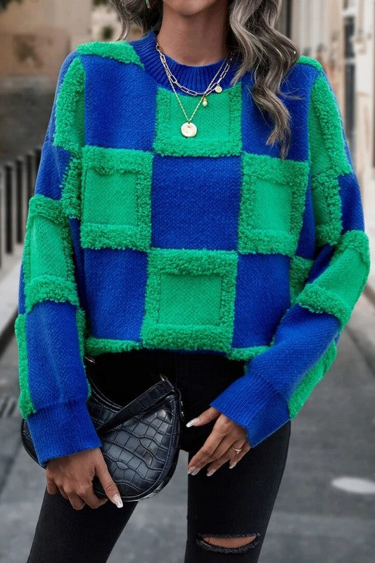 Chunky Big Plaid Terrycloth 3D Knitted Sweater