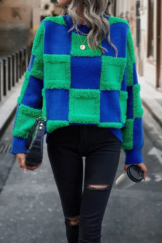 Chunky Big Plaid Terrycloth 3D Knitted Sweater