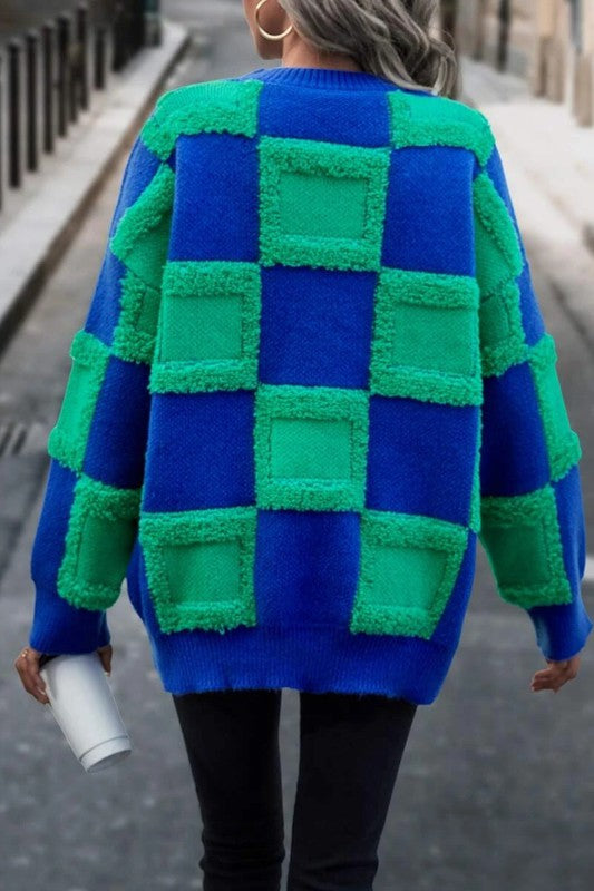 Chunky Big Plaid Terrycloth 3D Knitted Sweater