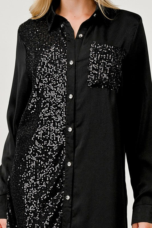 Sequin Button Front Shirt Dress