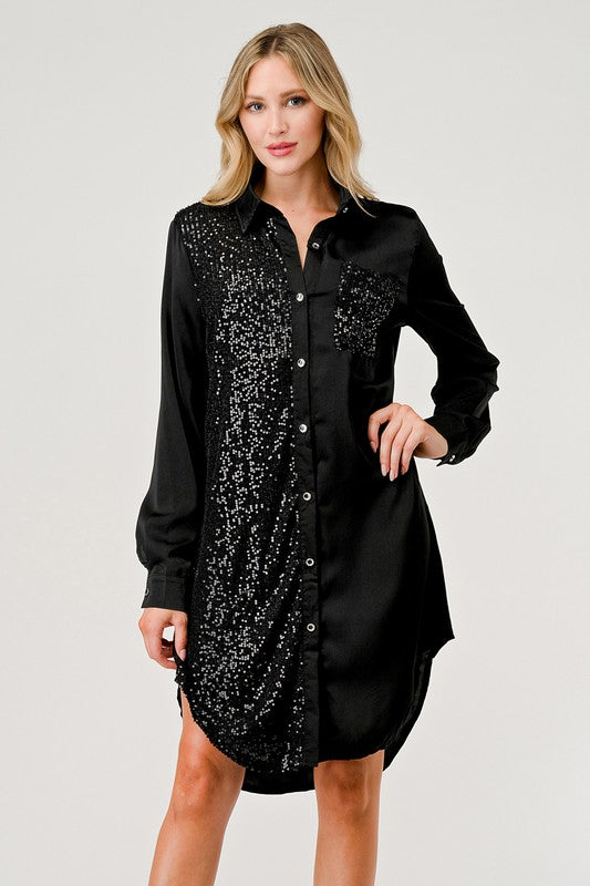 Sequin Button Front Shirt Dress