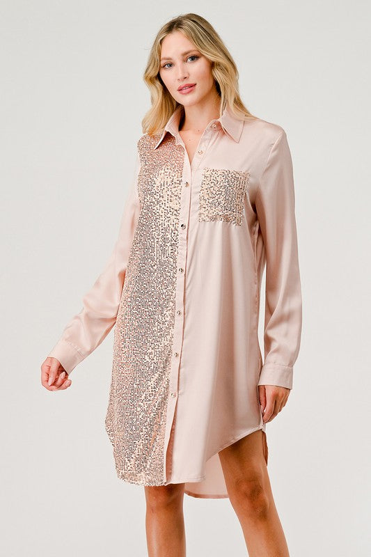 Sequin Button Front Shirt Dress