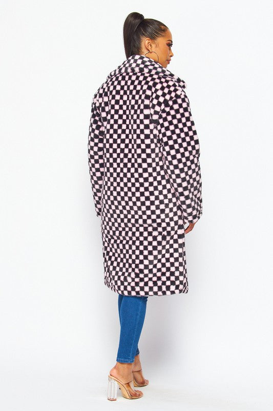 Fuzzy Feelings Checkered Print Faux Fur Teddy Coat