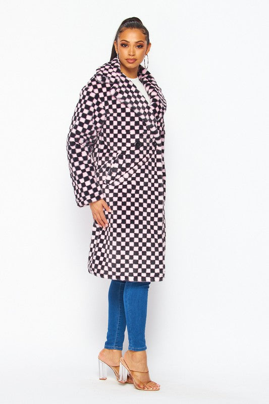 Fuzzy Feelings Checkered Print Faux Fur Teddy Coat
