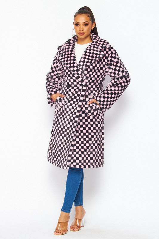 Fuzzy Feelings Checkered Print Faux Fur Teddy Coat