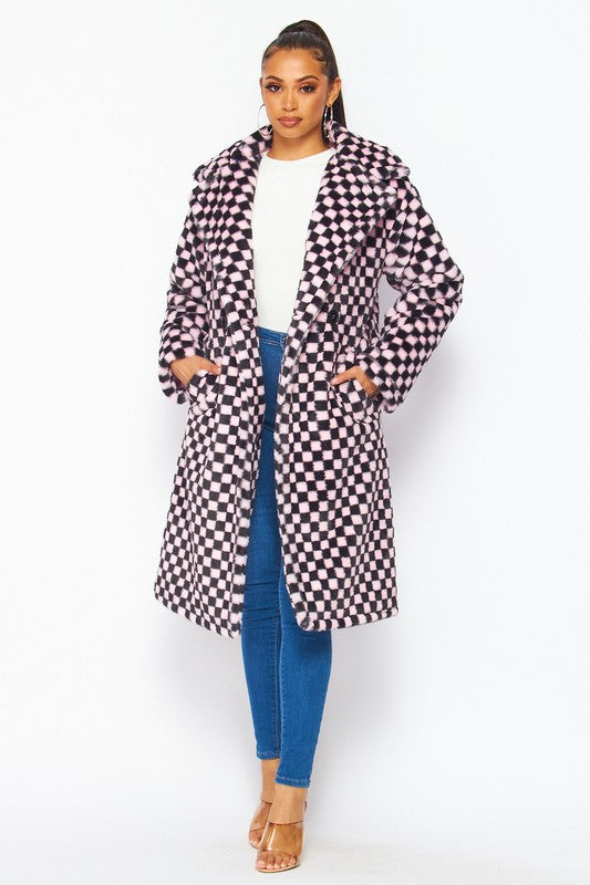 Fuzzy Feelings Checkered Print Faux Fur Teddy Coat