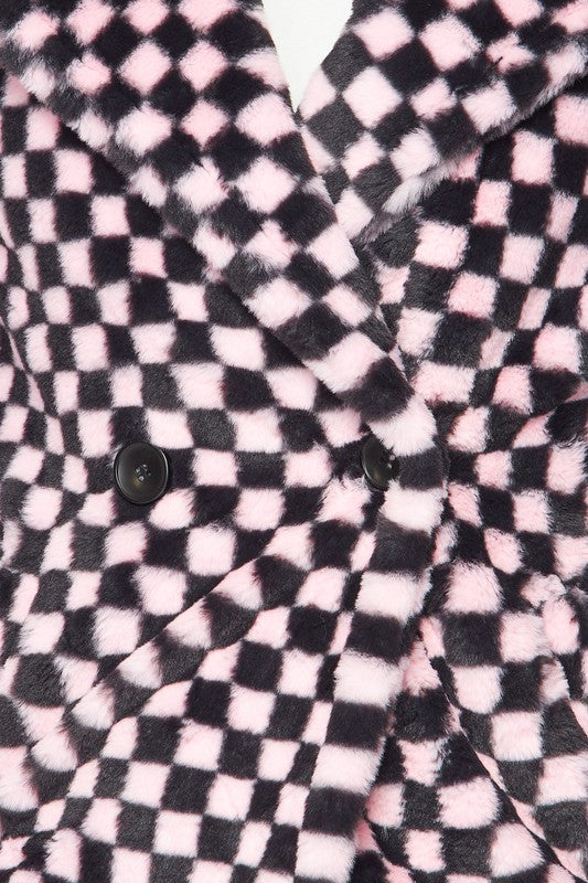 Fuzzy Feelings Checkered Print Faux Fur Teddy Coat