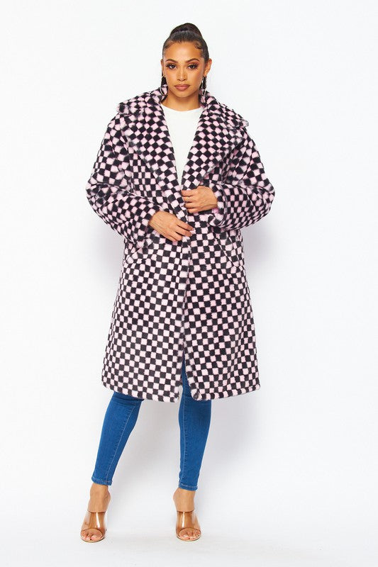 Fuzzy Feelings Checkered Print Faux Fur Teddy Coat
