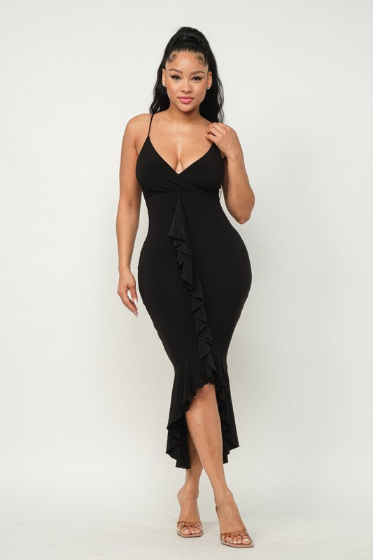 Front Wrap Ruffle Detail Bottom Hem Maxi Dress