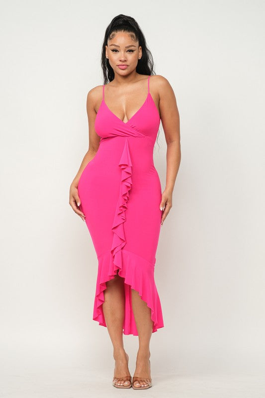 Front Wrap Ruffle Detail Bottom Hem Maxi Dress