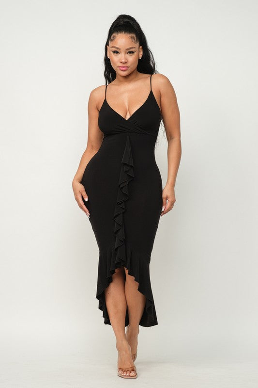 Front Wrap Ruffle Detail Bottom Hem Maxi Dress