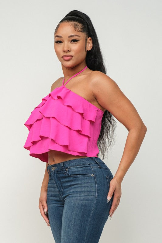 Front Ruffled Trim Detail Halter Necktie Top