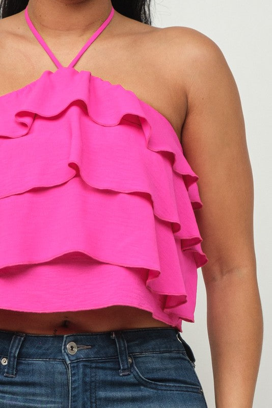 Front Ruffled Trim Detail Halter Necktie Top