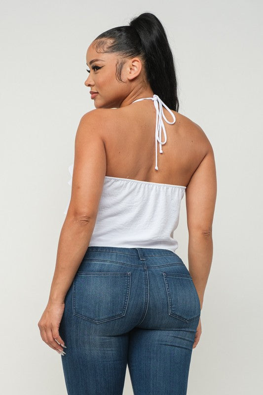 Front Ruffled Trim Detail Halter Necktie Top