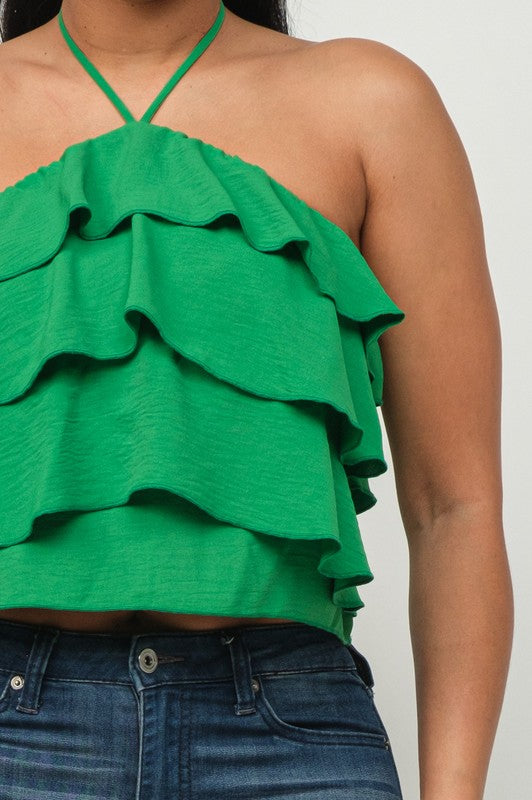 Front Ruffled Trim Detail Halter Necktie Top