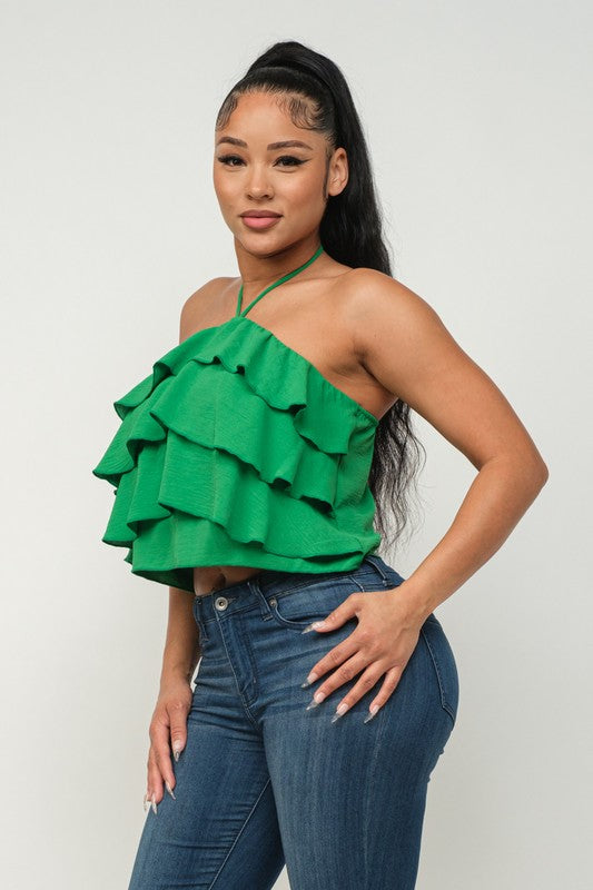Front Ruffled Trim Detail Halter Necktie Top