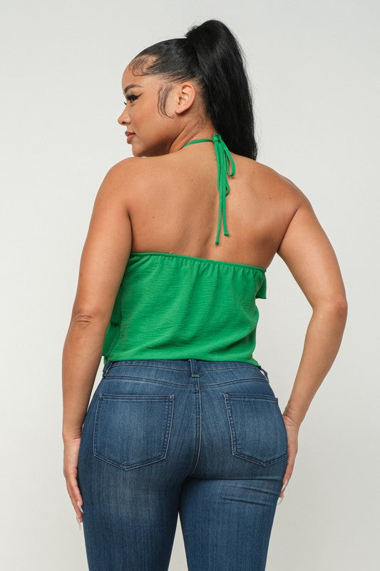 Front Ruffled Trim Detail Halter Necktie Top