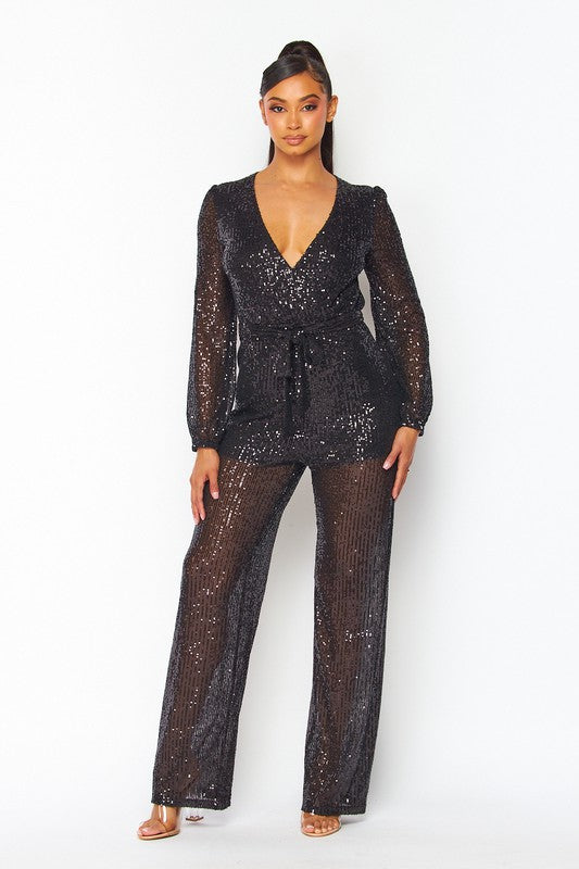 Long Sleeved Sequins Jumpsuit with Self Tie Belt