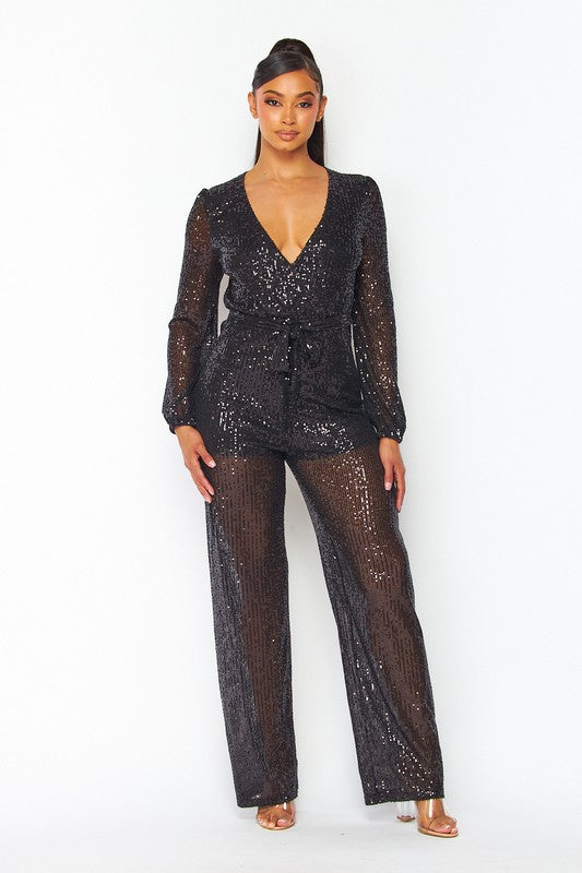 Long Sleeved Sequins Jumpsuit with Self Tie Belt