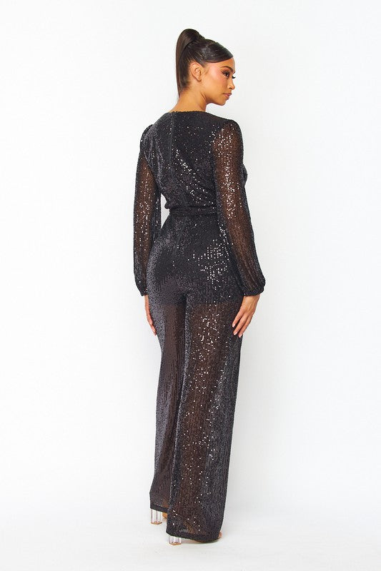 Long Sleeved Sequins Jumpsuit with Self Tie Belt