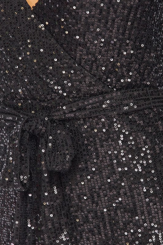 Long Sleeved Sequins Jumpsuit with Self Tie Belt