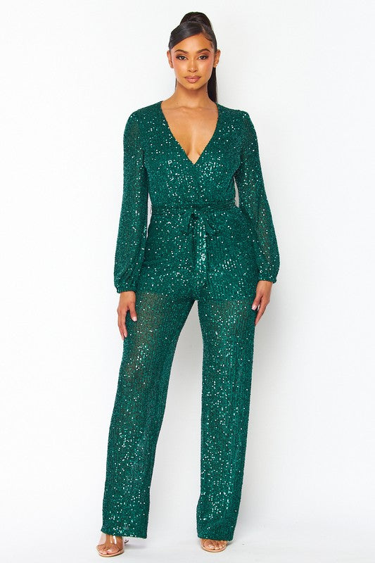 Long Sleeved Sequins Jumpsuit with Self Tie Belt