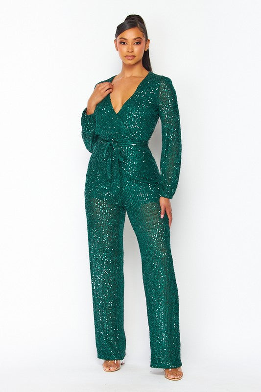 Long Sleeved Sequins Jumpsuit with Self Tie Belt
