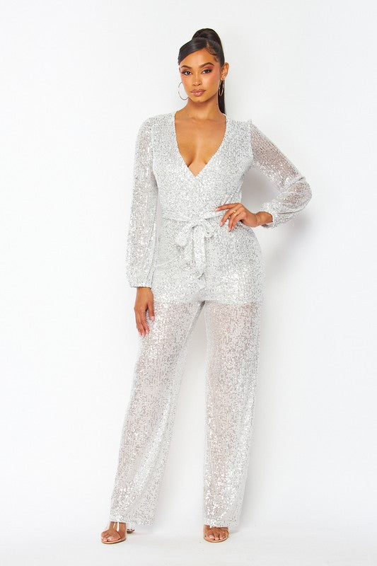 Long Sleeved Sequins Jumpsuit with Self Tie Belt