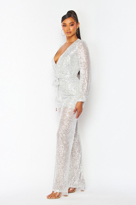 Long Sleeved Sequins Jumpsuit with Self Tie Belt